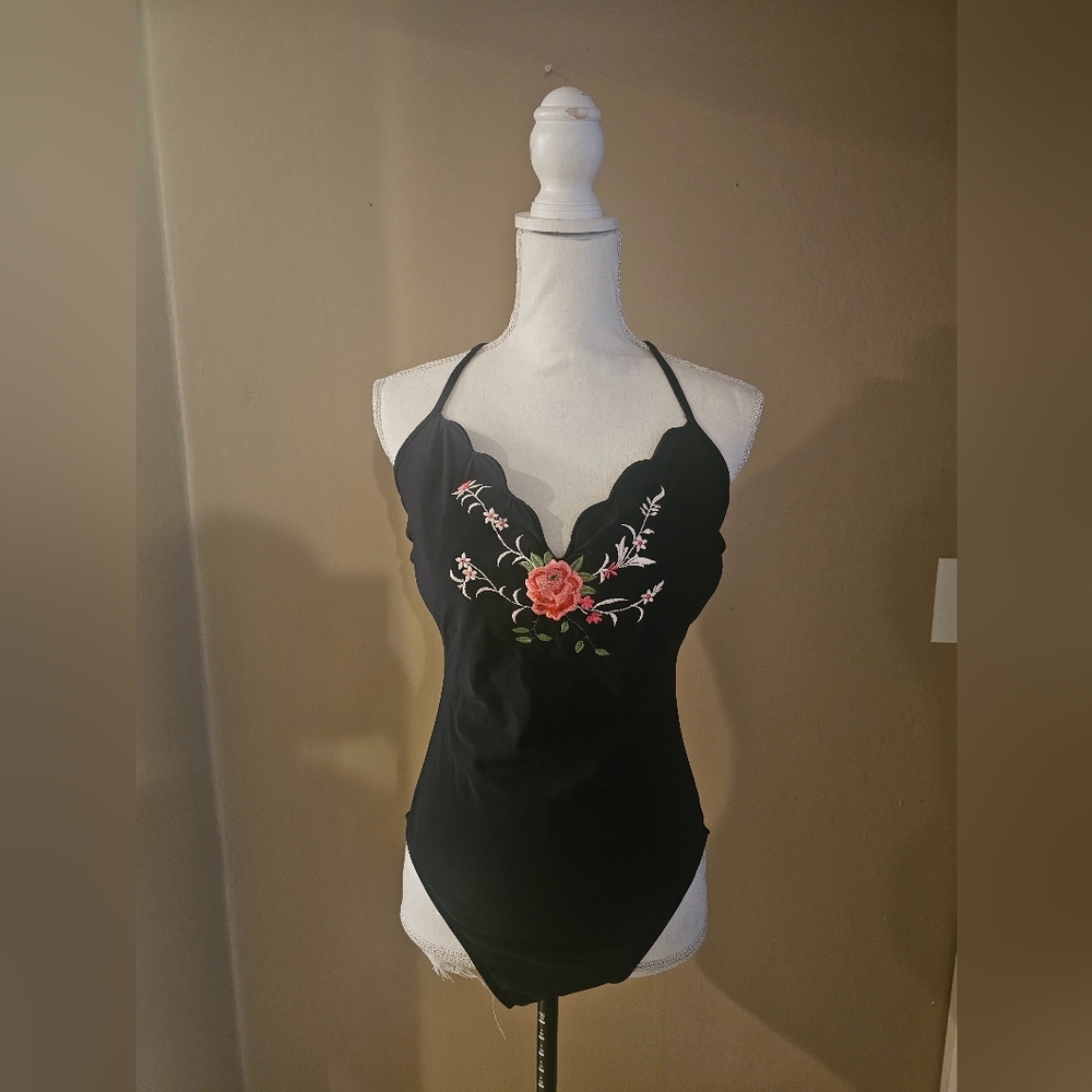 NWOT Black Swimsuit with Floral Embroidery